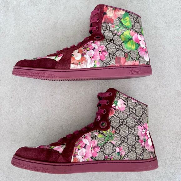 Gucci Coda Bloom GG Monogram High Tops Sneakers Red Suede Floral EU 38.5 US 8.5 - Picture 5 of 10